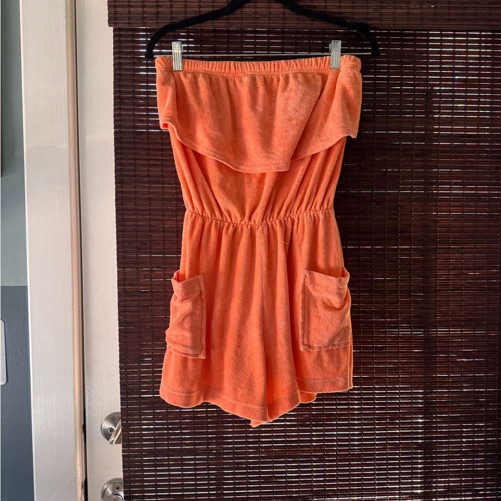 Orange Strapless Terry Cloth Romper
